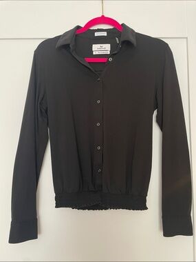 Buttercloth Black Long-Sleeve Button Front Shirt with Smocked Hem
